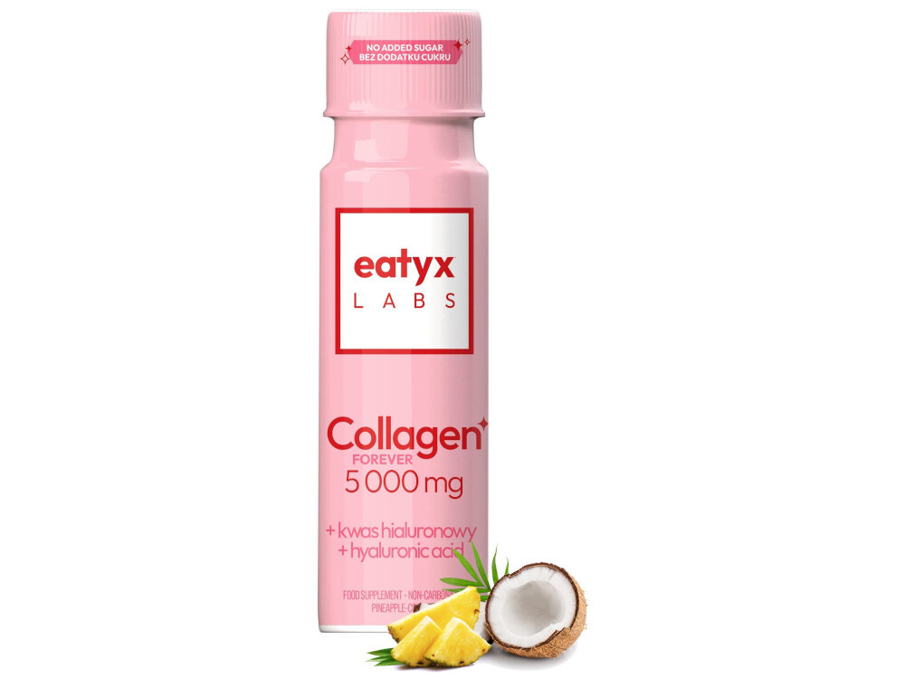 Kolagen EATYX Labs forever 5000 mg Ananasowo-kokosowy 80 ml butelka na białym tle obok owoce kokosa i ananasa poręczny format shota płynna forma połączenie ananasa i kokosa lekki, egzotyczny charakter nie wymaga maskowania smaku ani dodatkowych napojów