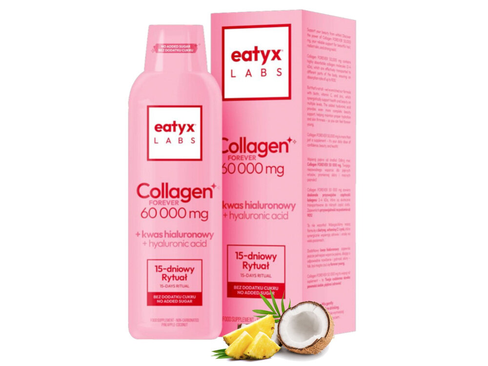 Kolagen EATYX Labs forever 60000 mg Ananasowo-kokosowy (500 ml) butelka i opakowanie na białym tle obok owoce ananasa i kokosa gotowy płyn miarka precyzyjne odmierzanie dziennej porcji 20 kcal subtelne połączenie ananasa i kokosa łagodny, owocowy charakter sprzyja regularnemu stosowaniu