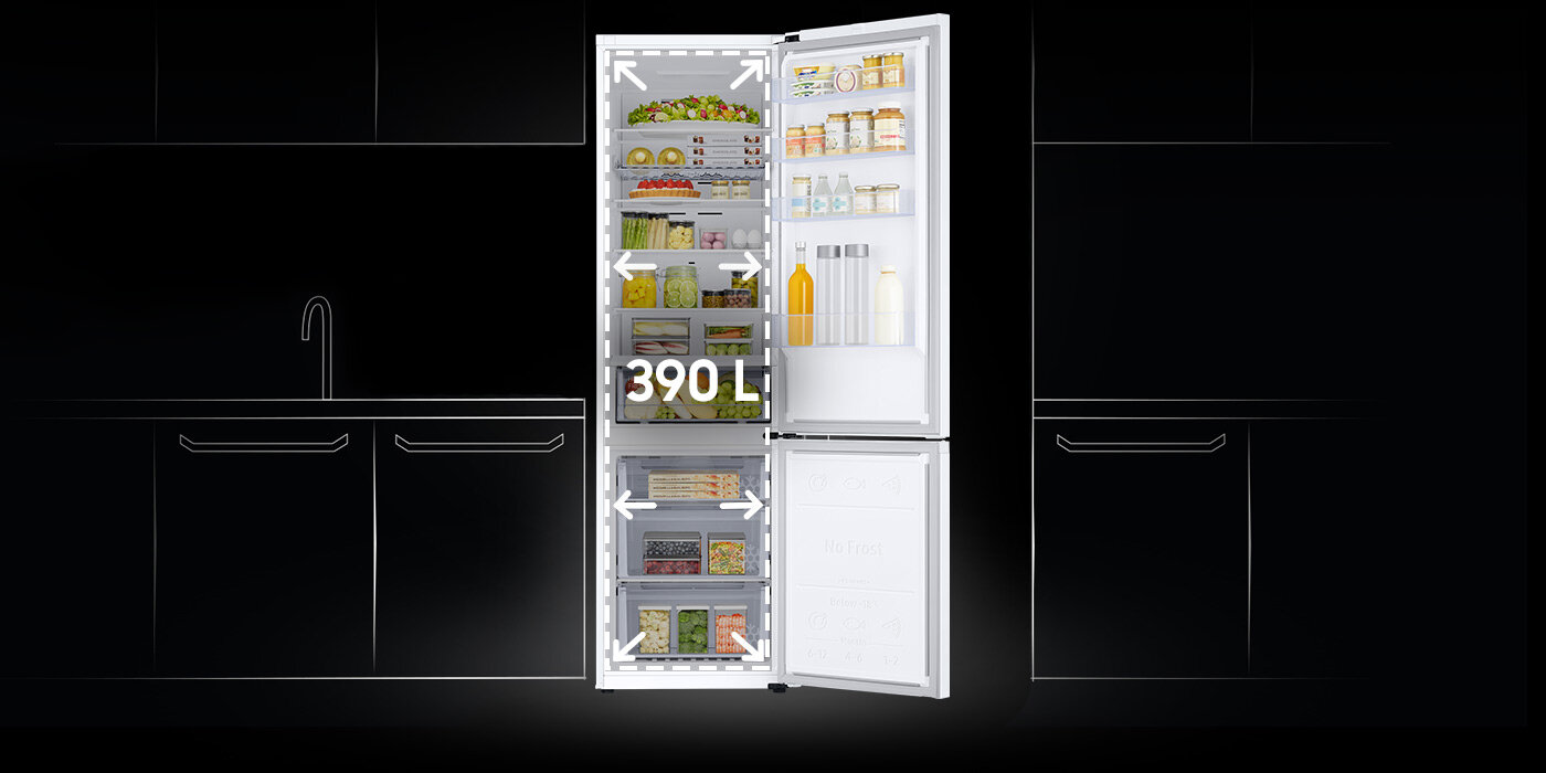 Zdjęcie lodówki Samsung RB38C672CWW pokazuje pojemność obu komór chłodziarko-zamrażarki Zdjęcie lodówki Samsung RB38C672CWW pokazuje pojemność obu komór chłodziarko-zamrażarki