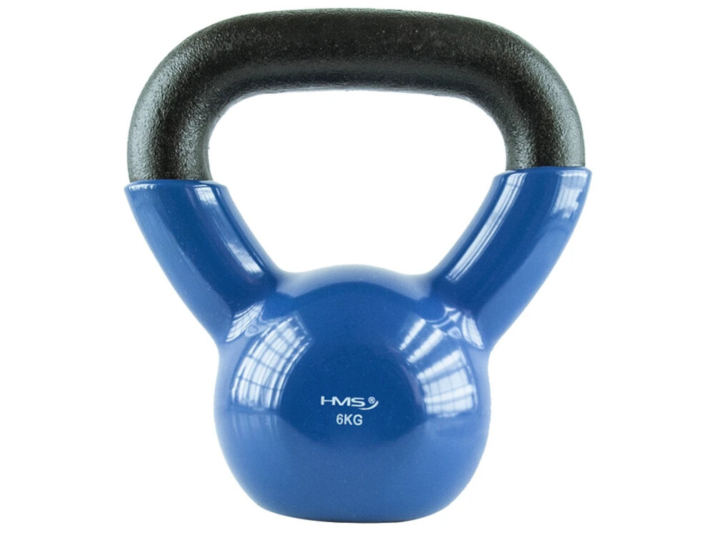 Kettlebell HMS KNV06 (6 kg) Niebiesko-czarny kettlebell HMS KNV06 o wadze 6 kg kompleksowy trening siłowy i kondycyjny w domu lub siłowni ćwiczenia wielostawowe angażują mięśnie całego ciała wspomaga spalanie kalorii kształtuje sylwetkę wzmacnia mięśnie ramion, nóg i tułowia