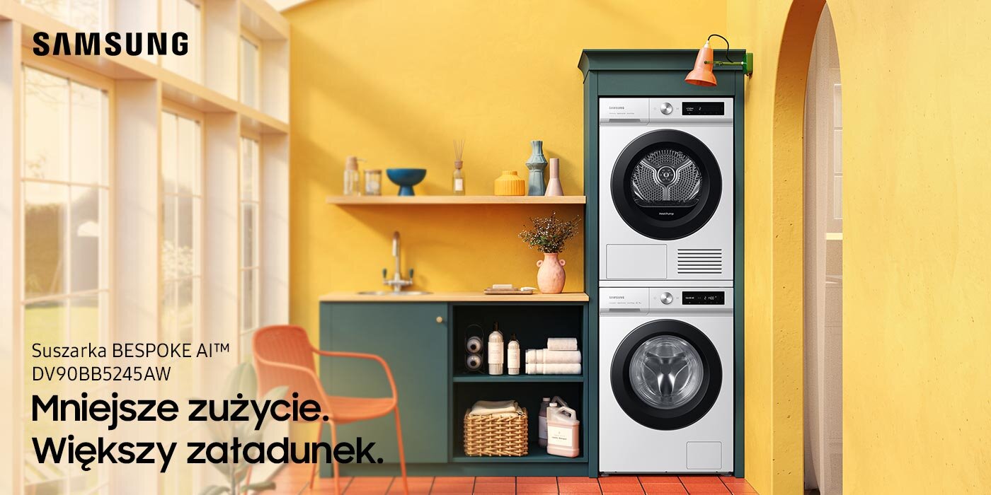 Suszarka Samsung BESPOKE AI™ DV90BB5245AWS6 z oferty Media Expert pozwala na większy załadunek przy mniejszym zużyciu energii Suszarka Samsung BESPOKE AI™ DV90BB5245AWS6 z oferty Media Expert pozwala na większy załadunek przy mniejszym zużyciu energii