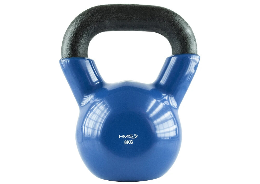 Kettlebell HMS KNV08 (8 kg) Niebiesko-czarny kettlebell HMS KNV08 o wadze 8 kg kompleksowy trening siłowy i kondycyjny w domu lub siłowni ćwiczenia wielostawowe angażują mięśnie całego ciała wspomaga spalanie kalorii kształtuje sylwetkę wzmacnia mięśnie ramion, nóg i tułowia
