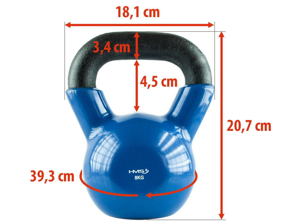 Kettlebell HMS KNV08 (8 kg) Niebiesko-czarny kettlebell na białym tle widoczny od przodu czerwone strzałki pokazujące wymiary wysokość 20,7 cm, szerokość 18,1 cm oraz obwód 39,3 cm wygodny, pewny chwyt i pełna kontrola podczas ćwiczeń zbalansowana konstrukcja ułatwia prowadzenie ruchu rośnie precyzja techniki bezpieczeństwo treningu w domowej przestrzeni na siłowni