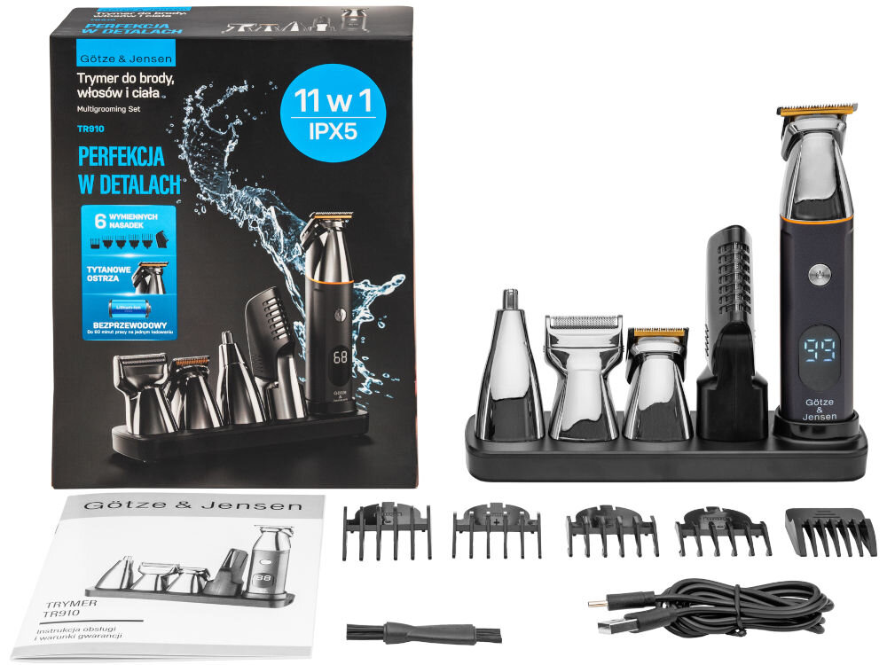 Trymer GÖTZE & JENSEN TR910 elementy zestaw opakowanie głowica do nosa i uszu, głowica do golenia twarzy, głowica do trymowania (wąska), głowica do trymowania ciała, głowica do trymowania (szeroka), trymer, nasadka grzebieniowa 3 mm, nasadka grzebieniowa 6 mm, nasadka grzebieniowa 9 mm, nasadka grzebieniowa 12 mm, nasadka grzebieniowa na trymer wąski, nasadka grzebieniowa na trymer do ciała, podstawa ładująca, kabel do ładowania