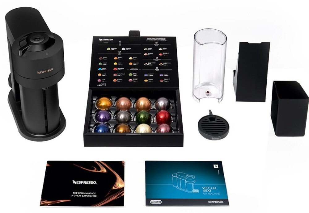Ekspres DELONGHI Nespresso Vertuo Next ENV 120.BM Czarny wyposazenie zestaw akcesoria komplet zbiornik taca kapsulki gwarancja instrukcja obslugi