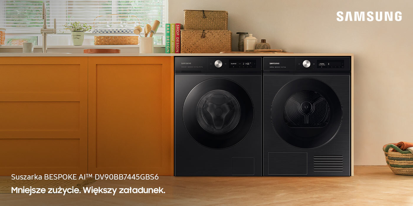 Zdjęcie przedstawia suszarkę Samsung BESPOKE AI™ DV90BB7445GB, która stoi w pomieszczeniu urządzonym w ciepłych barwach. Urządzenie jest dostepne w ofercie sklepu Media Expert Zdjęcie przedstawia suszarkę Samsung BESPOKE AI™ DV90BB7445GB, która stoi w pomieszczeniu urządzonym w ciepłych barwach. Urządzenie jest dostepne w ofercie sklepu Media Expert