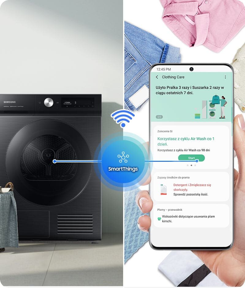 Aplikacja SmartThings służy do tego, żeby obsługiwać suszarkę na odległość za pomocą smartfona