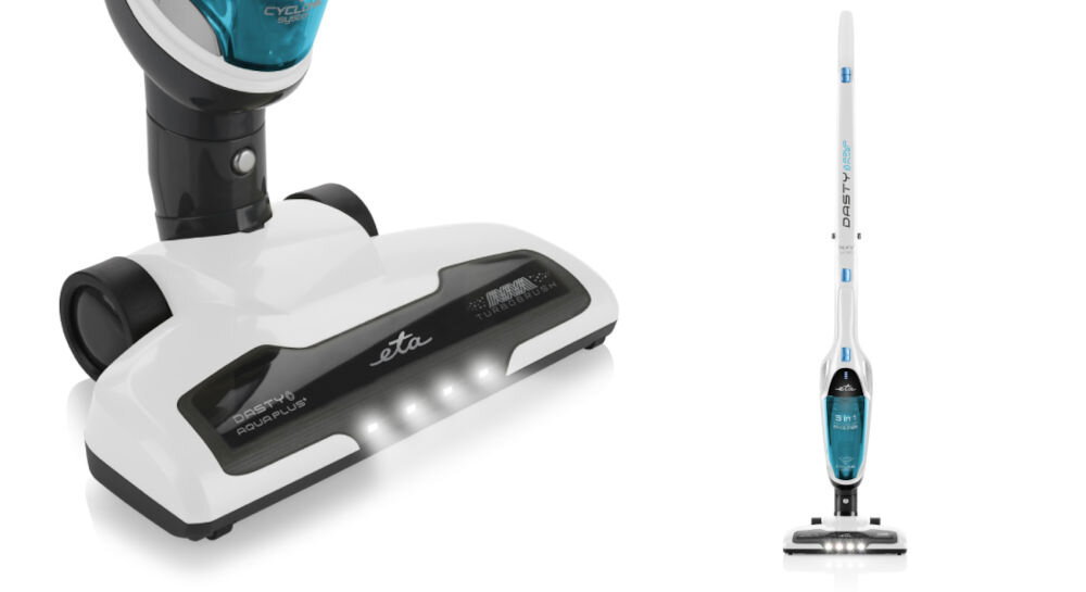 Odkurzacz ETA Moneto Dasty AquaPlus 344790010 praca bezprzewodowa akumulator swoboda ruchu jedno naładowanie ergonomiczna rączka diosy LED ułatwiają sprzątnie ciemne zakamarki  