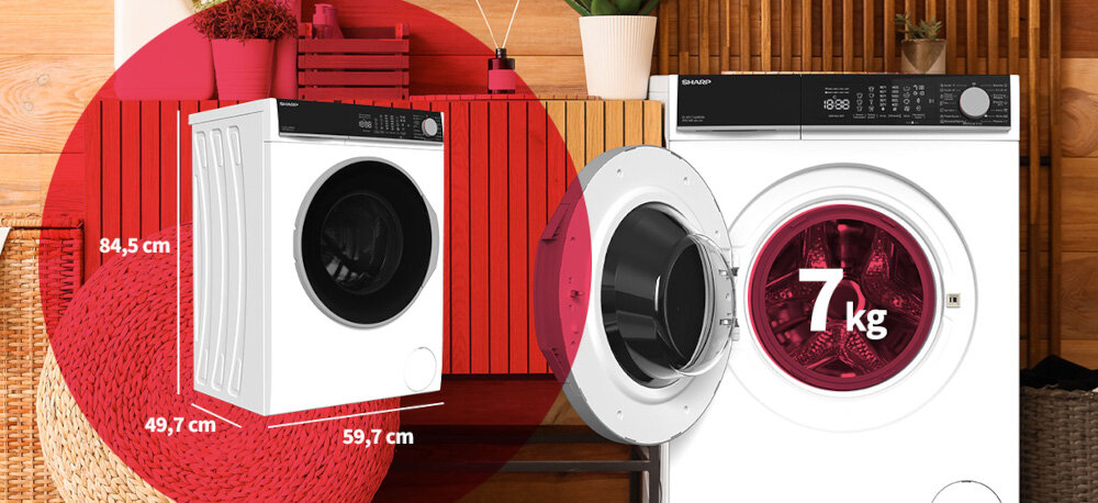 PRALKA SHARP ES-NFL714AWNNA-PL Na grafice przedstawiono pralkę SHARP na tle drewnianej zabudowy; po lewej stronie widoczne są jej wymiary: wysokość 84,5 cm, głębokość 49,7 cm i szerokość 59,7 cm. Po prawej stronie pokazano otwarte drzwi pralki z oznaczeniem ładowności bębna 7 kg pojemność 7kg kompaktowe wymiary mała łazienka oszczędność miejsca 