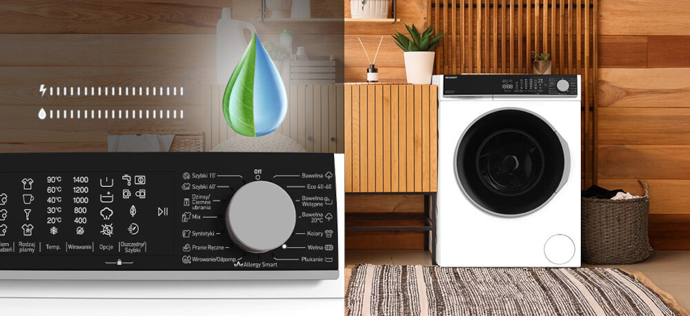PRALKA SHARP ES-NFL714AWNNA-PL Na grafice po lewej stronie widoczny jest panel sterowania pralki SHARP z ikonami programów oraz symbolem kropli z liściem, sugerującym oszczędność wody i energii. Po prawej stronie pokazano całą pralkę ustawioną w drewnianym wnętrzu z dywanem, szafką i koszem na pranie eco track zużycie energii zużycie wody ekonomiczne pranie