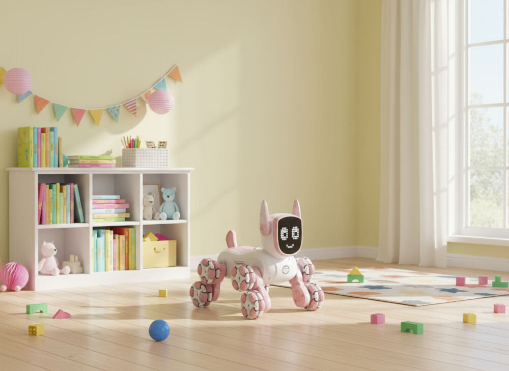 ROBO PIES RC S-LINE RCC303 Biało-różowy robot-pies na kołach Mecanum stojący na drewnianej podłodze w jasnym, żółtym pokoju dziecięcym. Wokół robota porozrzucane są klocki i piłka. W tle widoczny jest biały regał z kolorowymi książkami i duże okno z jasnymi zasłonami.