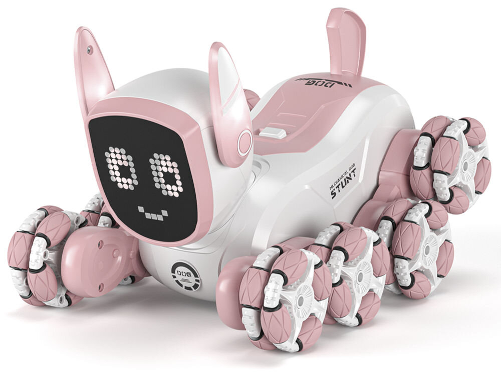 ROBO PIES RC S-LINE RCC303 Biało-różowa zabawka robot-pies przewrócona na plecy (pozycja do wykonywania sztuczek) na białym tle. Robot ma cztery koła Mecanum i ekran LED na głowie wyświetlający uśmiechniętą buźkę.