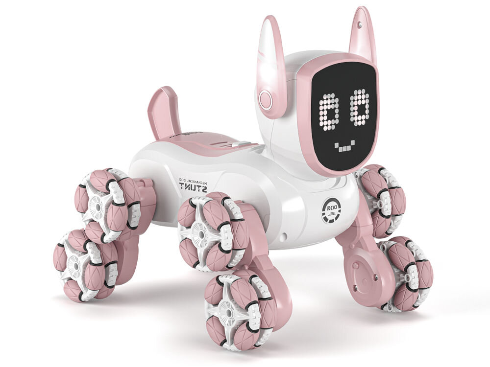 ROBO PIES RC S-LINE RCC303 Biało-różowa zabawka robot-pies w pozycji stojącej na bocznych kołach, z lekko uniesionym przodem i tyłem, co sugeruje gotowość do ruchu lub akrobacji. Robot ma koła Mecanum i uśmiechniętą buźkę na ekranie.