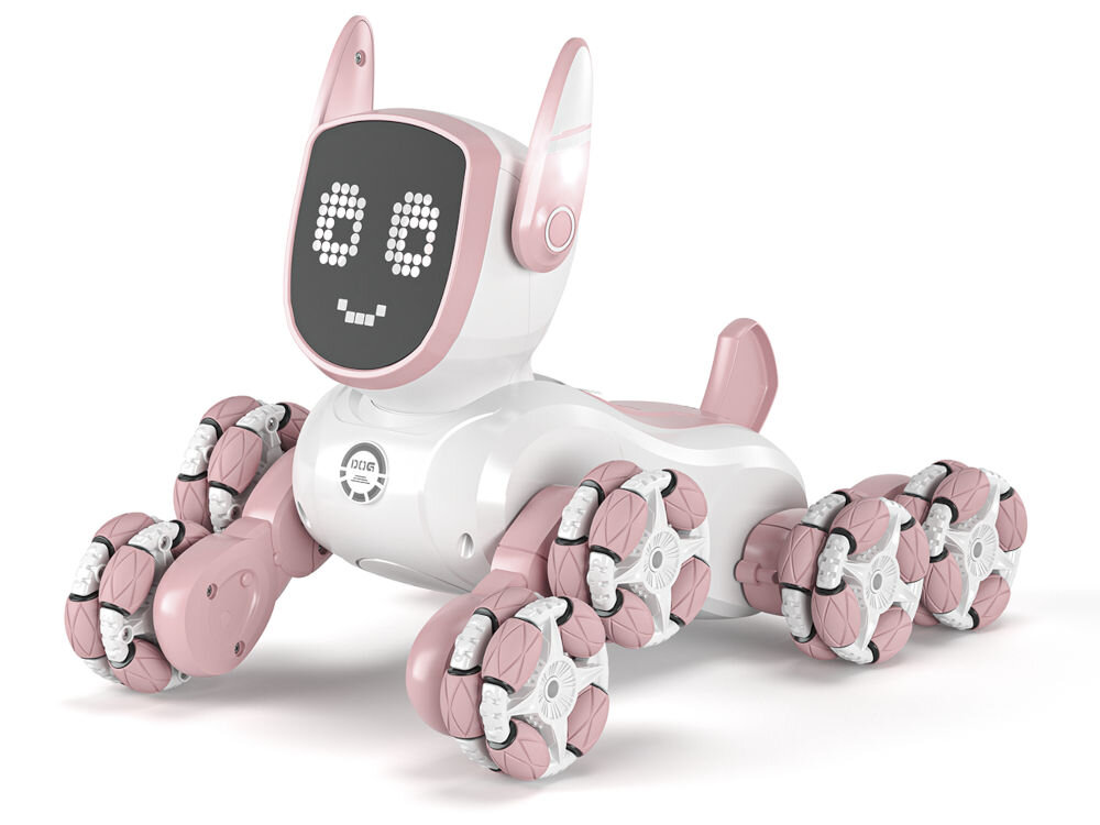 ROBO PIES RC S-LINE RCC303 Biało-różowa zabawka robot-pies w pozycji leżącej/przycupniętej (przygotowującej do sztuczek) na białym tle. Robot ma cztery koła Mecanum i ekran LED na głowie, wyświetlający cyfrowy uśmiech.