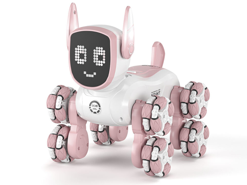 ROBO PIES RC S-LINE RCC303 Biało-różowa zabawka robot-pies na białym tle, stojąca na czterech kołach Mecanum (wielokierunkowe kółka). Robot ma uszy, ogon i ekran LED na głowie, wyświetlający cyfrowy uśmiechnięty wyraz twarzy.