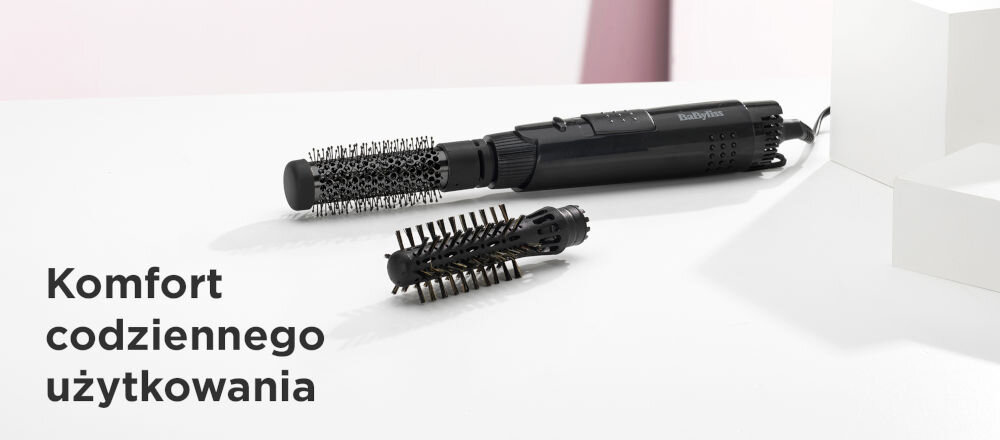 Suszarko-lokówka BABYLISS AS86E komfort przycisk zwalniający szczotkę szybkie wygodne zmienianie głowic różnorodne stylizacje obrotowy przewód długość 1,8 m swoboda ruchów pętla do zawieszenia łatwe przechowywanie praktyczna wygodna