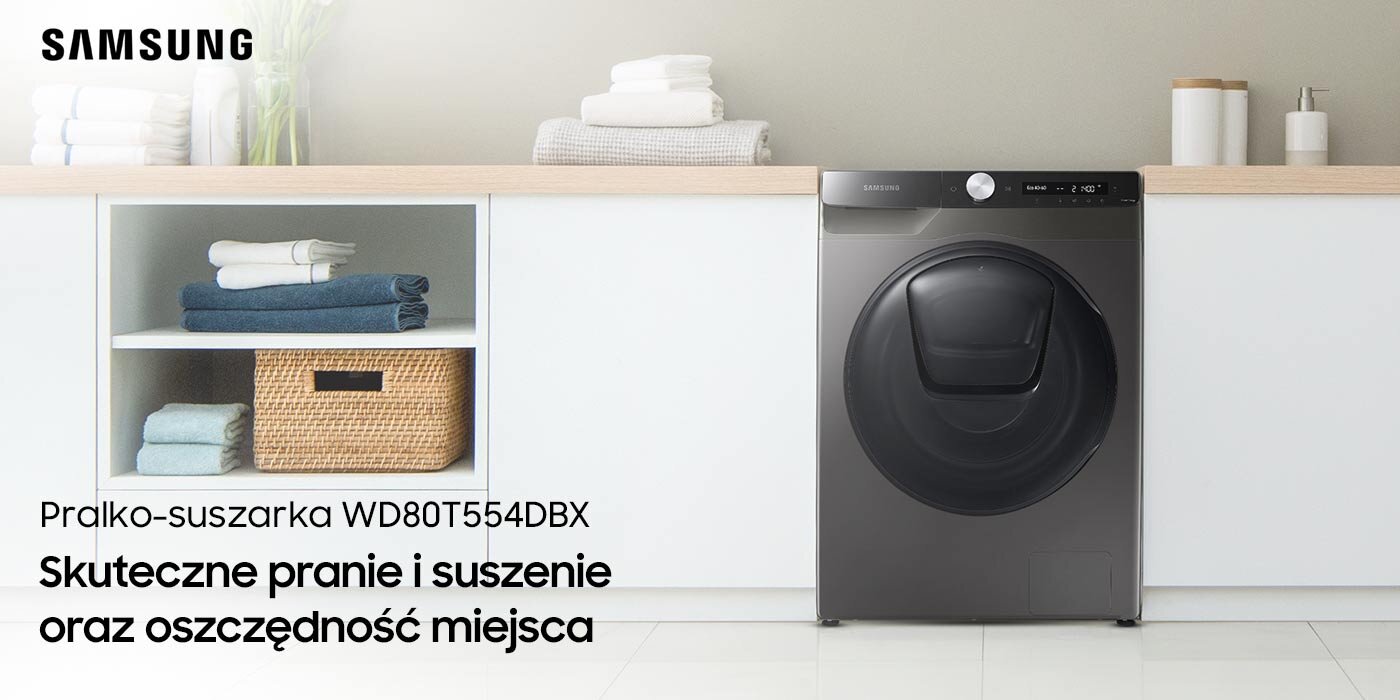 Pralko - suszarka Samsung znajduje się obok białej szafki Pralko - suszarka Samsung znajduje się obok białej szafki