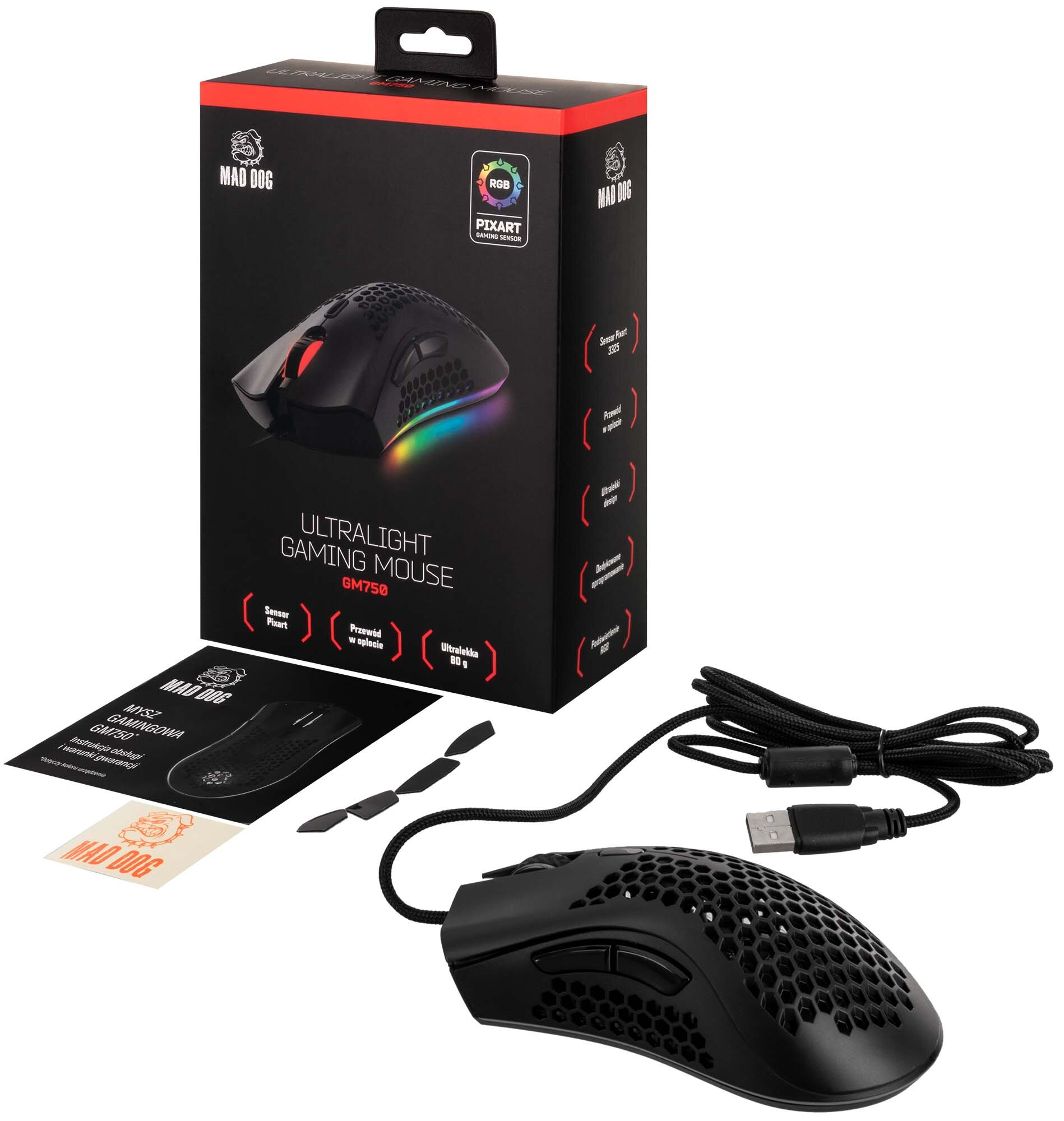 MYSZ GAMINGOWA MAD DOG GM750 ULTRALEKKA przewod oplot