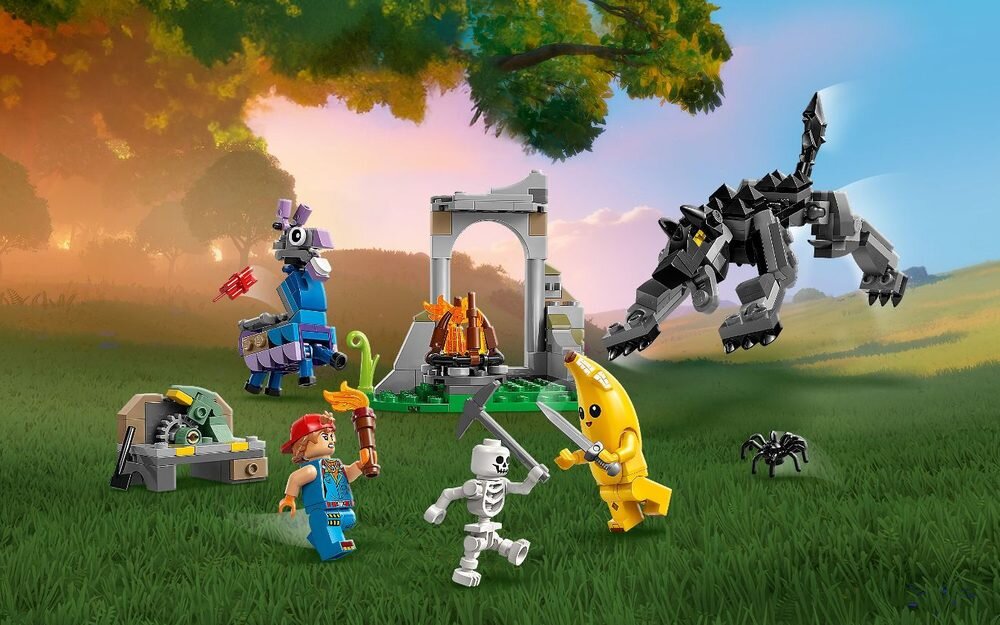LEGO 77075 Fortnite Skórek i Iskra oraz obóz figurki Lamy Zaopatrzeniowej oraz wilka z ruchomymi nogami i ogonem Minifigurki Skórka, Iskry i szkieletu