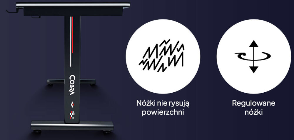 Biurko gamingowe COBRA CR4574BK Czarny nóżki biurka zostały wyposażone w regulację poziomu obraz zabezpieczenia, dzięki którym nie rysują podłogi przemyślana konstrukcja nóżek
