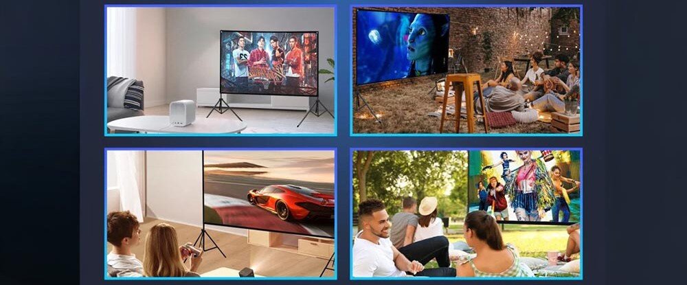 Ekran projekcyjny EXTRALINK Foldable Projection Screen PSF-100 aluminiowy trójnóg stabilna konstrukcja 4 kg, różne kafelki przedstawiające użycie ekranu projekcyjnego