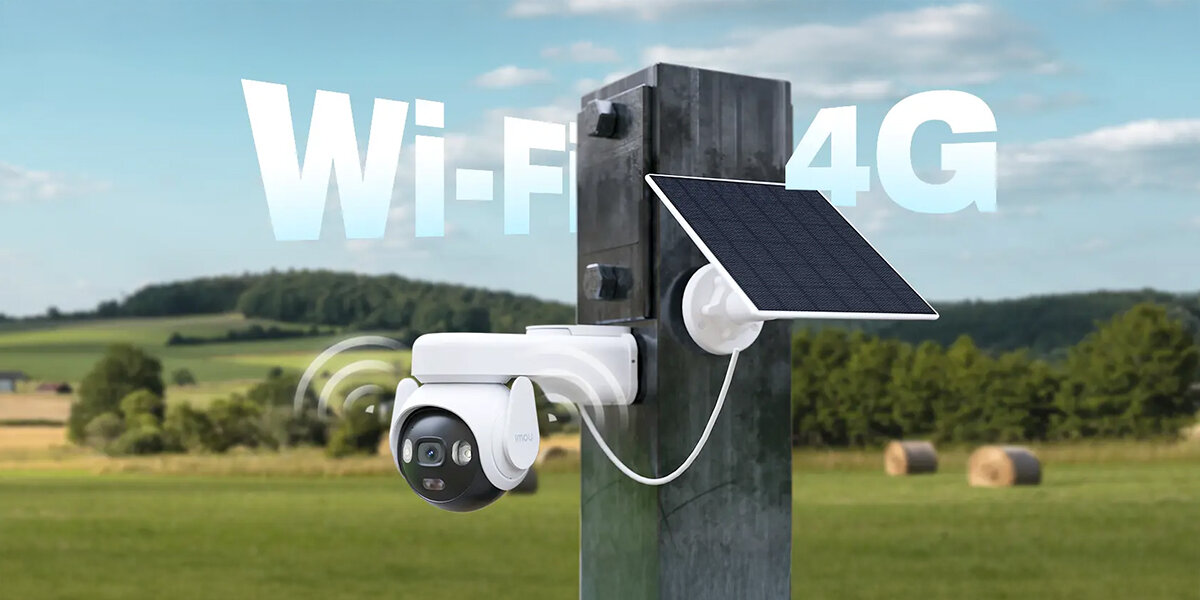 Kamera IP IMOU AOV PT Zewnętrzna, Wi-Fi / 4G + Panel solarny, łączność, rodzaje, automatycznie, sieć, transmisja, kamera zamontowana do słupa na polach, w tle napis wifi i 4g