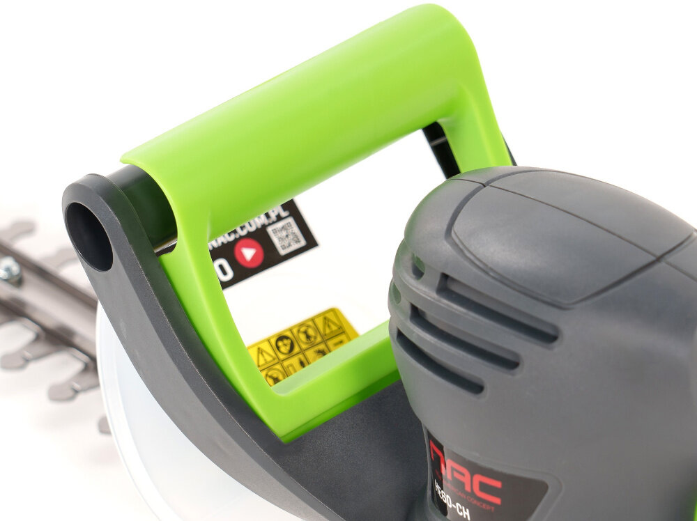 Nożyce do żywopłotu NAC HE60-CH elektryczne elektryczne dobrze wywazony korpus wygodna praca dwa uchwyty precyzyjne ciecie antyposlizgowy material bezpieczna praca duzy przycisk bezpieczne uruchamianie maszyny