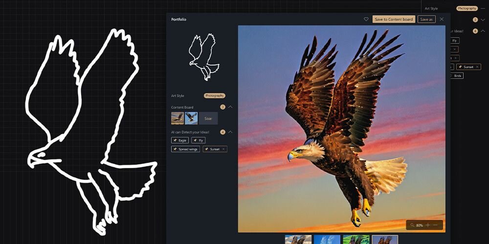  Aplikacja MuseTree pokazująca proces tworzenia grafiki - biały szkic orła po lewej stronie i fotorealistyczny obraz latającego orła po prawej -  MuseTree 