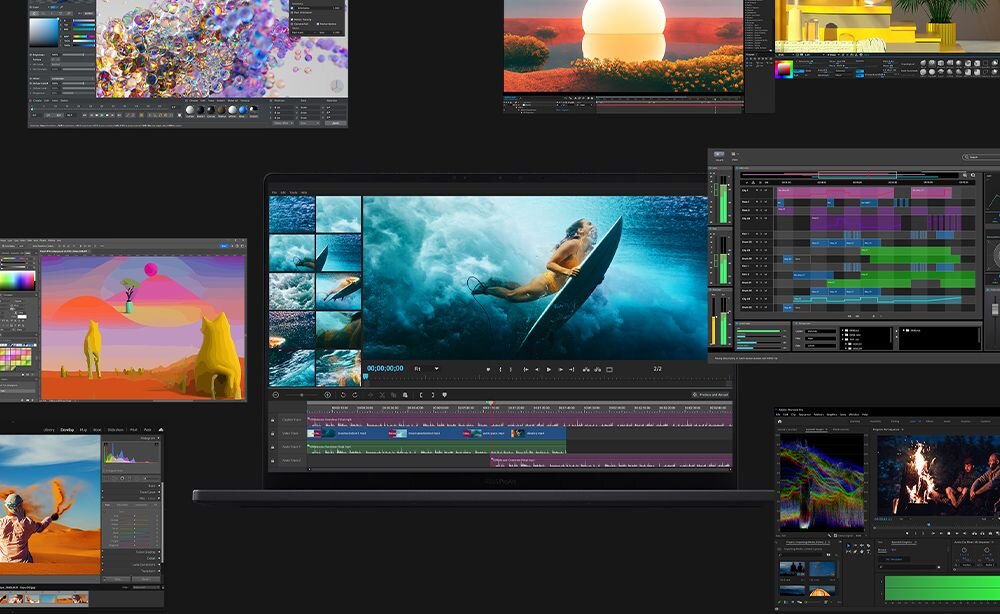 Zestaw ekranów pokazujący różne aplikacje kreatywne otwarte jednocześnie - edycja wideo z surferem, grafika 3D, montaż filmowy i inne narzędzia profesjonalne - Wydajność AMD Ryzen AI NVIDIA GeForce RTX LPDDR5X SSD
