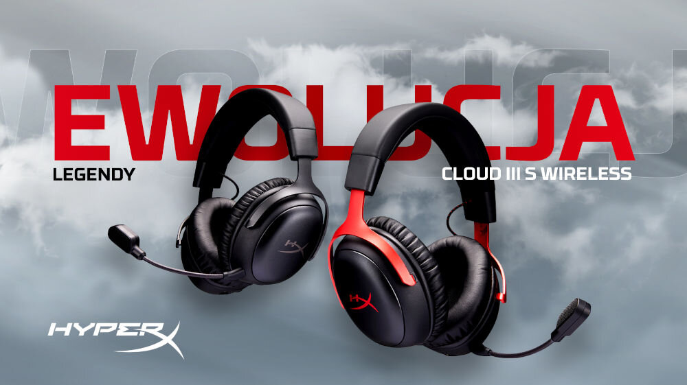 Słuchawki HYPERX Cloud III S bezprzewodowe gamingowe komfortowe, dwie pary słuchawek w różnych kolorach na szarym tle