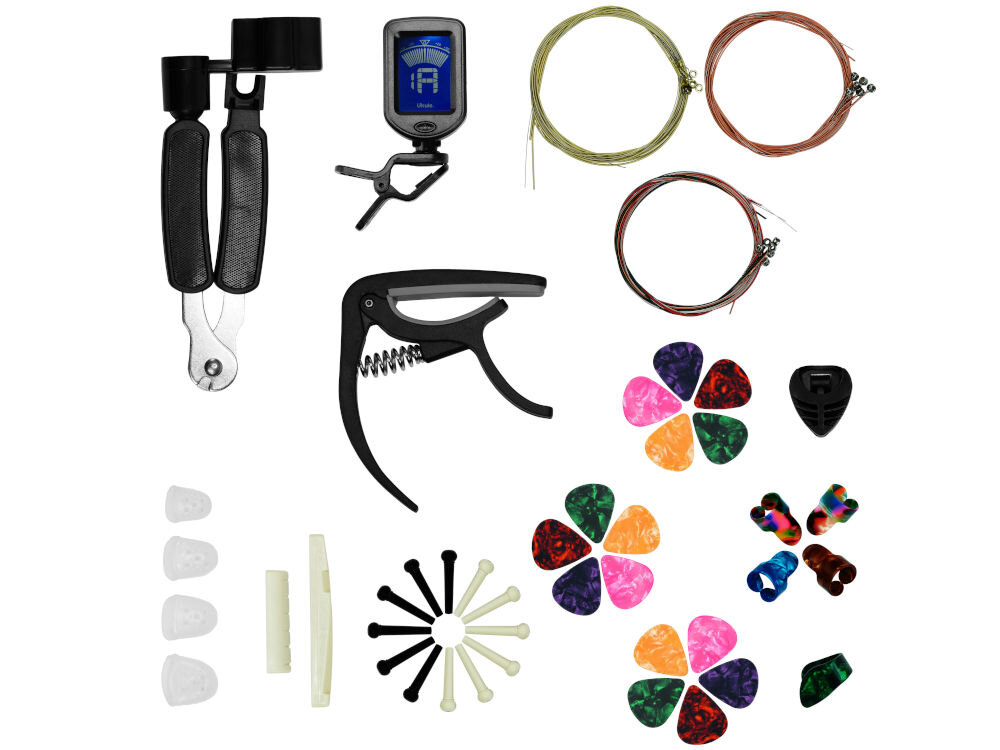 Zestaw akcesoriów do gitary akustycznej 
					MUSICMATE MM-A90 AcousticPack - kapodaster, elektroniczny tuner, 
					komplet strun (3 szt.), 15x kostki do gry (kolory dobierane są losowo,
					nawijarka do strun 3w1, etui na kostki, ochronne nakładki na palce (4 szt.), finger-pick (5 szt.), strunnik, siodełko, kołeczki (2 komplety)