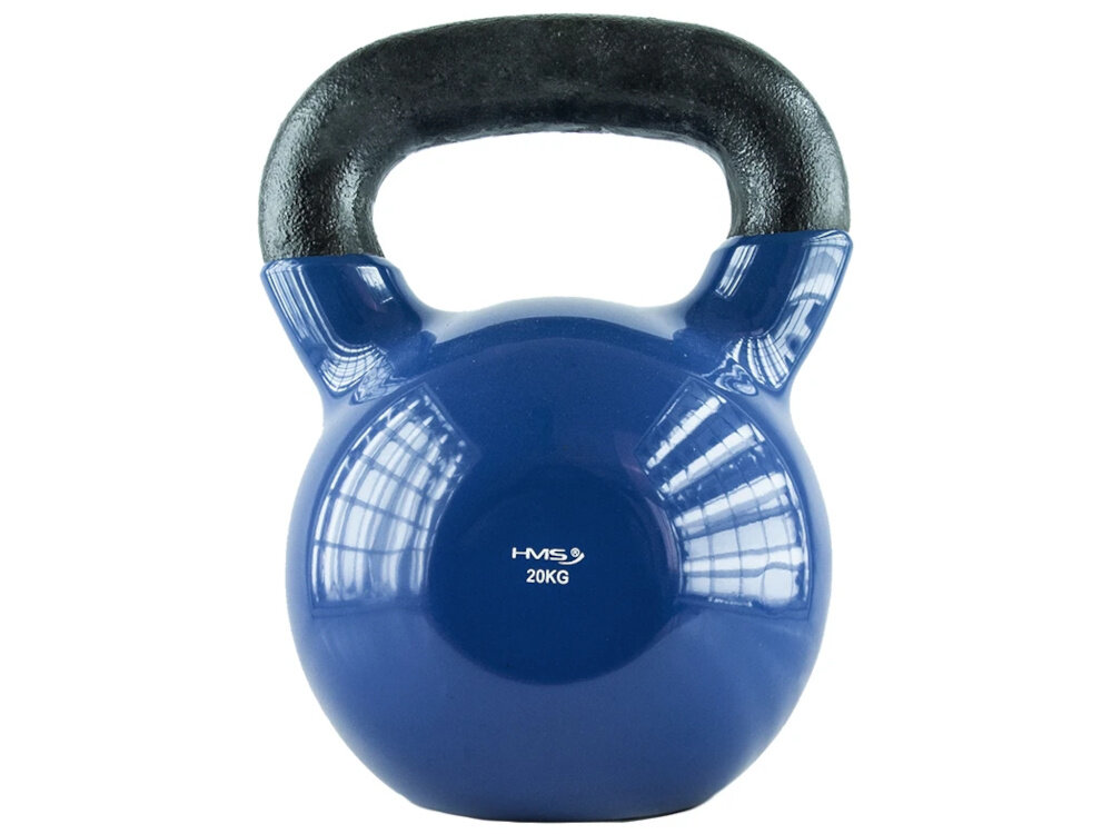 Kettlebell HMS KNV20 (20 kg) Niebiesko-czarny kettlebell HMS KNV20 o wadze 20 kg kompleksowy trening siłowy i kondycyjny w domu lub siłowni ćwiczenia wielostawowe angażują mięśnie całego ciała wspomaga spalanie kalorii kształtuje sylwetkę wzmacnia mięśnie ramion, nóg i tułowia