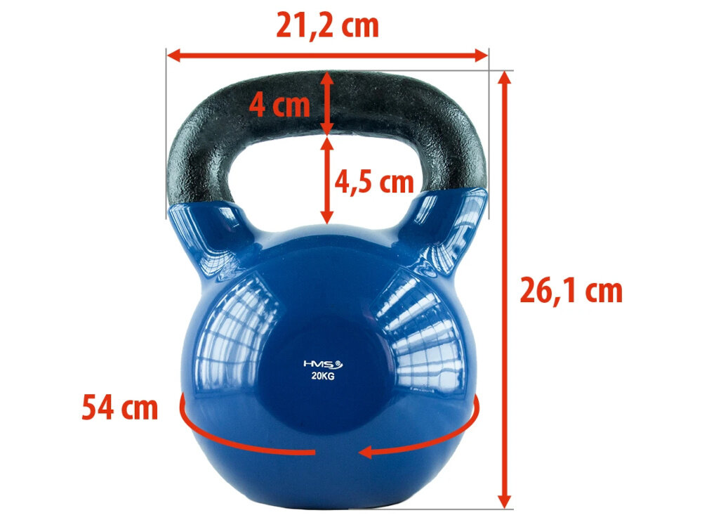 Kettlebell HMS KNV20 (20 kg) Niebiesko-czarny kettlebell na białym tle widoczny od przodu czerwone strzałki pokazujące wymiary wysokość 26,1 cm, szerokość 21,2 cm oraz obwód 54 cm wygodny, pewny chwyt i pełna kontrola podczas ćwiczeń zbalansowana konstrukcja ułatwia prowadzenie ruchu rośnie precyzja techniki bezpieczeństwo treningu w domowej przestrzeni na siłowni
