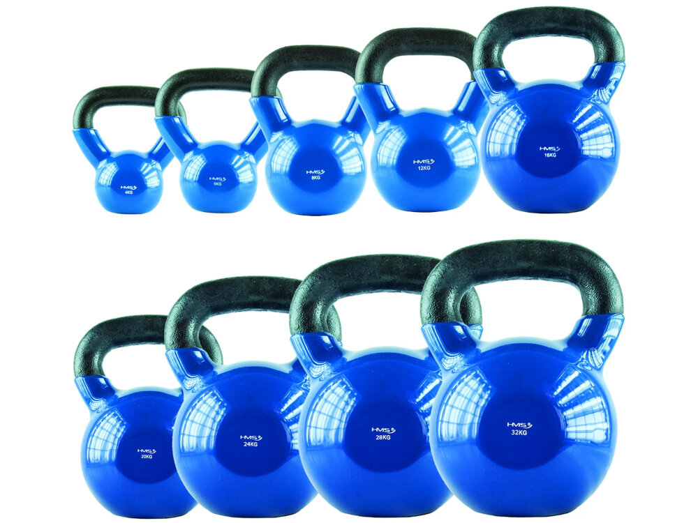 Kettlebell HMS KNV20 (20 kg) Niebiesko-czarny 9 kettlebelli na białym tle ustawionych w dwóch rzędach obok siebie szeroka gama dostępnych wariantów wagowych (od 4 do 32 kg) można stopniowo zwiększać obciążenie wraz z postępami dopasować ciężar do swoich celów planowanie długofalowych treningów motywuje do systematyczności