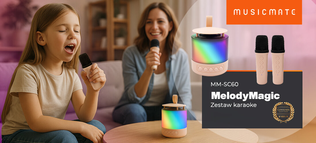 Zestaw Karaoke MUSICMATE MM-SC60 MelodyMagic — zestaw karaoke przenośny, mobilne odtwarzanie, Bluetooth i microSD, dziecko z rodzicem śpiewające przez mikrofony, głośnik stojący na stoliku