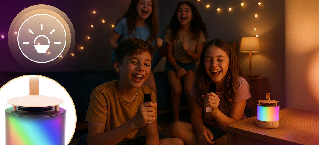 Zestaw Karaoke MUSICMATE MM-SC60 MelodyMagic — dwa mikrofony bezprzewodowe, regulacja głośności, efekty wokalne, głośnik stojący na stoliku, dzieci tańczące w tle, dzieci śpiewające do mikrofonów