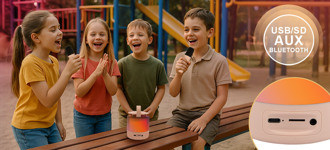 Zestaw Karaoke MUSICMATE MM-SC60 MelodyMagic — podświetlenie LED, wybór kolorów, pulsowanie w rytm, dzieci bawiące się na placu zabaw, głośnik stojący na ławce