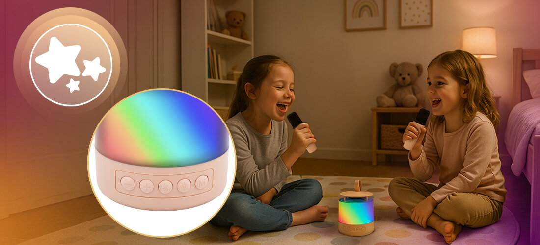 Zestaw Karaoke MUSICMATE MM-SC60 MelodyMagic — bateria 800 mAh, USB-C, Bluetooth, AUX, microSD, mobilne użycie, dzieci siedzące po turecku z mikrofonami w ręku, głośnik stojący na dywanie