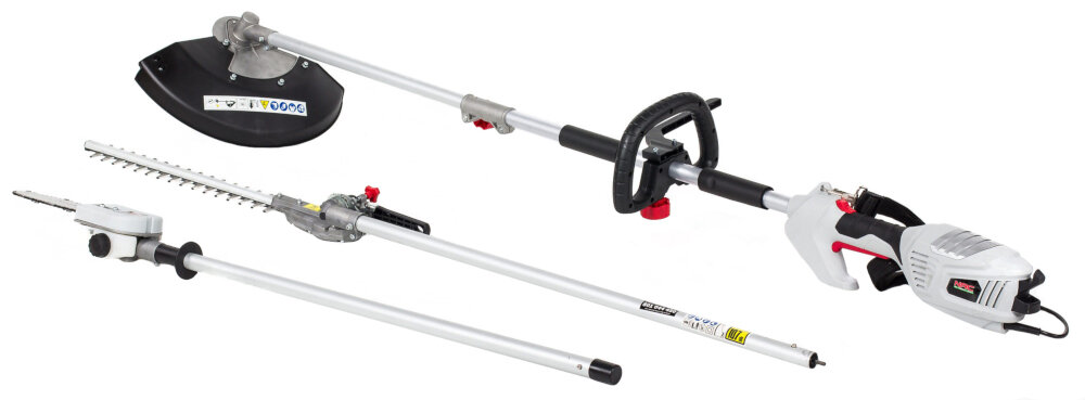 Kosa elektryczna NAC PHCBE90-CH + nożyce do żywopłotu + piła zestaw glowica tnaca z zylka tarcza tnaca pas nosny oslona przystawka kosa/podkaszarka przystawka nozyce do zywoplotu przystawka pilarka do galezu lancuch prowadnica dokumentacja