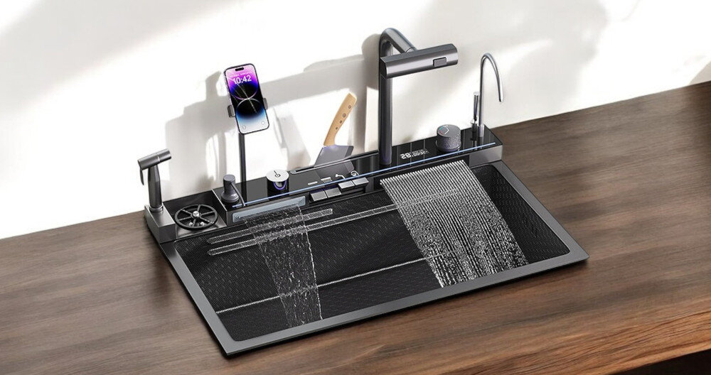 ZLEWOZMYWAK WIELOFUNKCYJNY BLIOTE Z WODOSPADAMI Ultimate wizualizacja kuchnia blat deska warzywa papryka pomidor cytryna z wysokiej jakości stali nierdzewnej Wodospadowa bateria Pojemna komora Cyfrowy wyświetlacz temperatury Powłoka antybakteryjna dodatkowa deska do krojenia