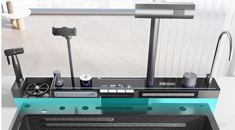 ZLEWOZMYWAK WIELOFUNKCYJNY BLIOTE Z WODOSPADAMI Ultimate wizualizacja woda deska kuchnia blat wysoka jakość trwałość kolor grafitowy ponadczasowy design zaawansowane funkcje