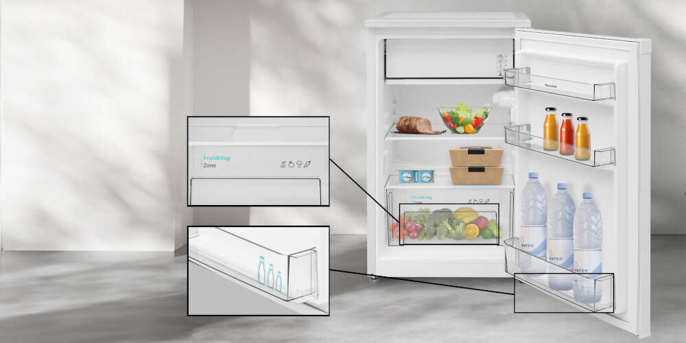 LODÓWKA SHARP SJ-UE088T0W-EU chłodziarka półki szuflada owoce warzywa Wnętrze