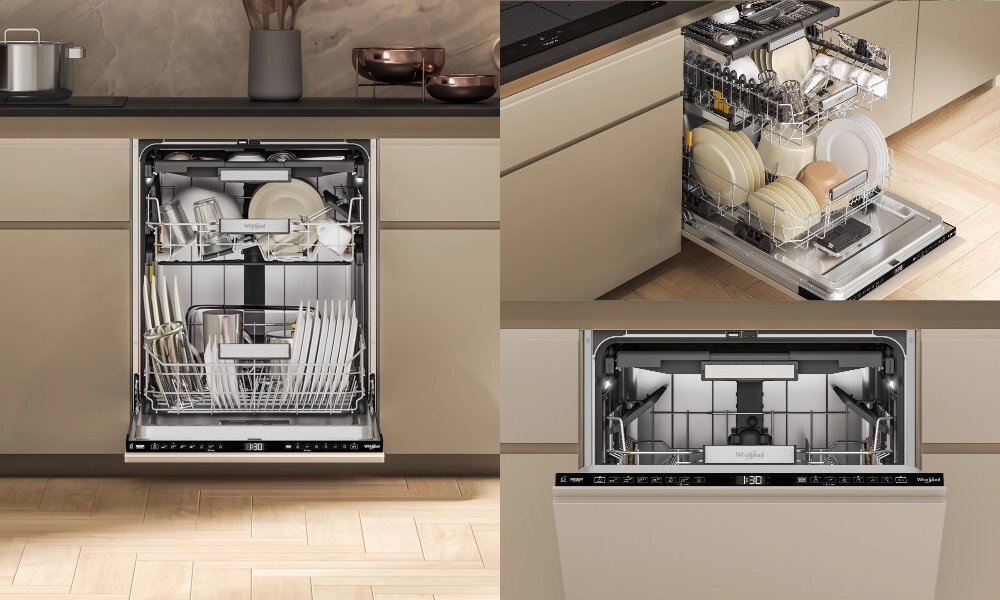 ZMYWARKA WHIRLPOOL W7I HF60 TUS wizualizacja zmywarka zbliżenie otwarta wnętrze budowa kosze wygląd estetyka elegancki design solidne wykonanie konstrukcja budowa Wykończenie stal nierdzewna