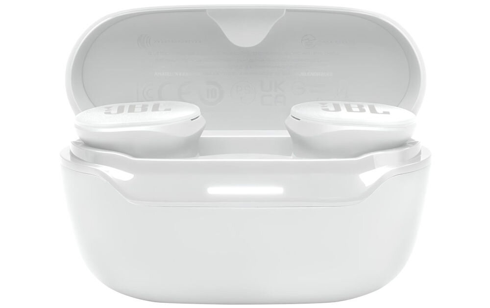Słuchawki dokanałowe JBL Endurance Race 2 pasmo 20-20000 Hz dynamika 104 dB, etui ładujące z słuchawkami dokanałowymi od frontu na białym tle