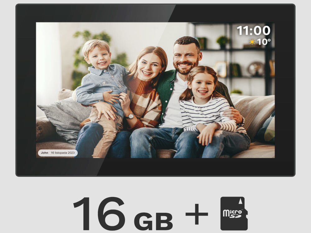 Ramka cyfrowa KRUGER&MATZ KM1100 Frameo 10.1 cala Czarny prezentacja ramki ze zdjęciem rodziny i komentarzem na dole napis 16 GB + karta microSD szare tło wbudowana pamięć możliwość rozszerzenia przestrzeń