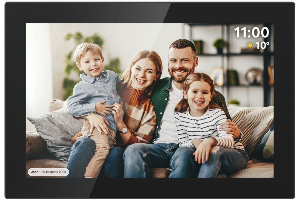 Ramka cyfrowa KRUGER&MATZ KM1100 Frameo 10.1 cala Czarny prezentacja ramki ze zdjęciem rodzinnym na białym tle podarunek prezent dla rodziców dziadków rodzeństwa przyjaciela rodzina budowanie mostu między pokoleniami