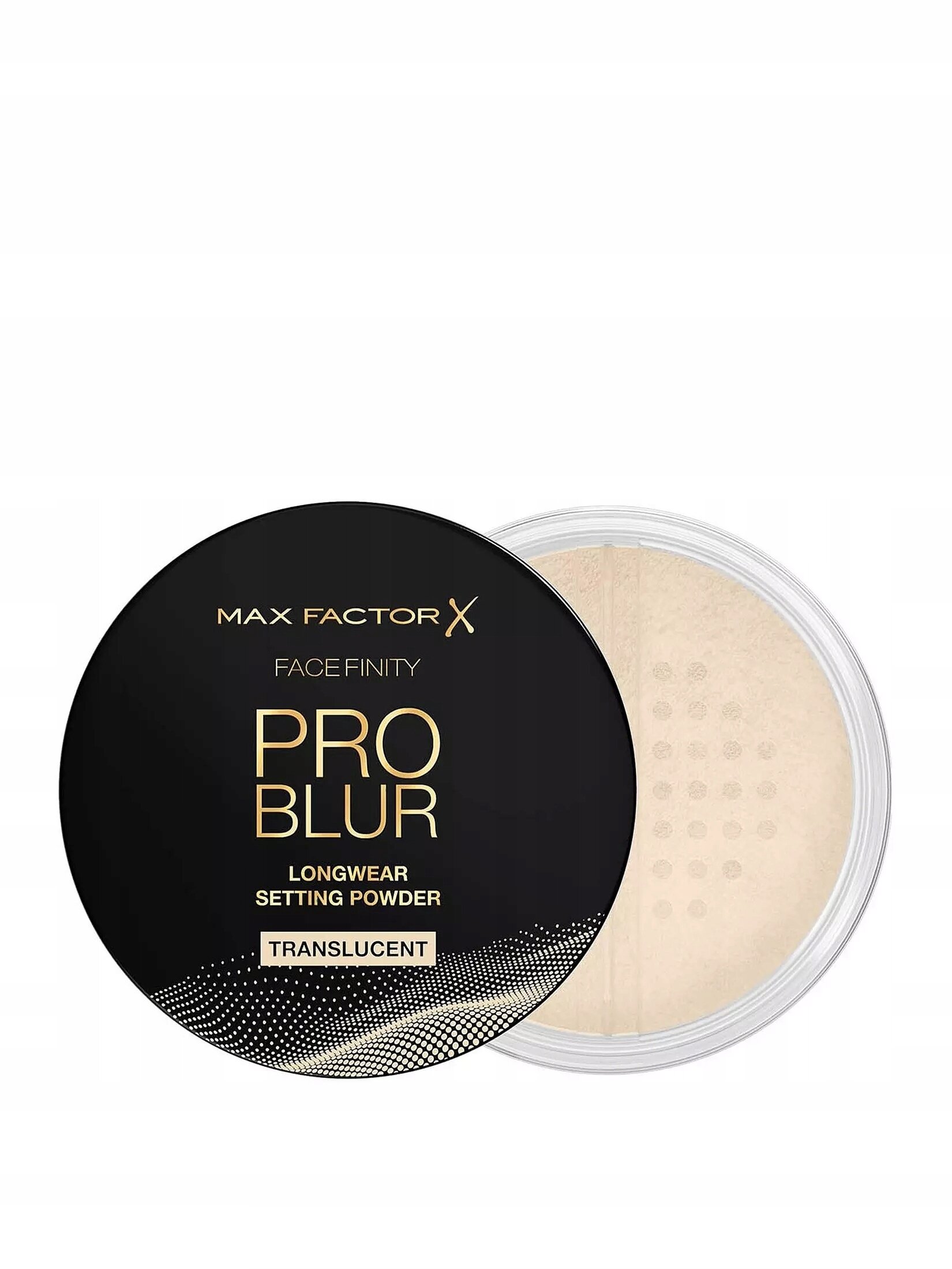 Na obrazie widoczny jest okrągły pojemnik z czarną pokrywką, na której znajduje się napis: \'MAX FACTOR X FACEFINITY PRO BLUR LONGWEAR SETTING POWDER TRANSLUCENT\'. Wewnątrz pojemnika znajduje się transparentny puder.