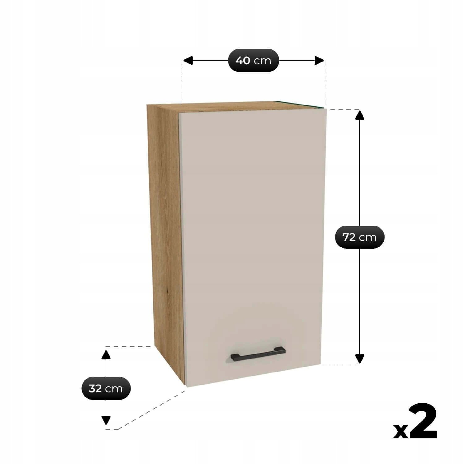 Obraz przedstawia szafkę kuchenną w kolorze dąb evoke/kaszmir z czarnym uchwytem. Wymiary szafki to 40 cm szerokości, 72 cm wysokości i 32 cm głębokości, a zestaw zawiera dwie takie szafki.