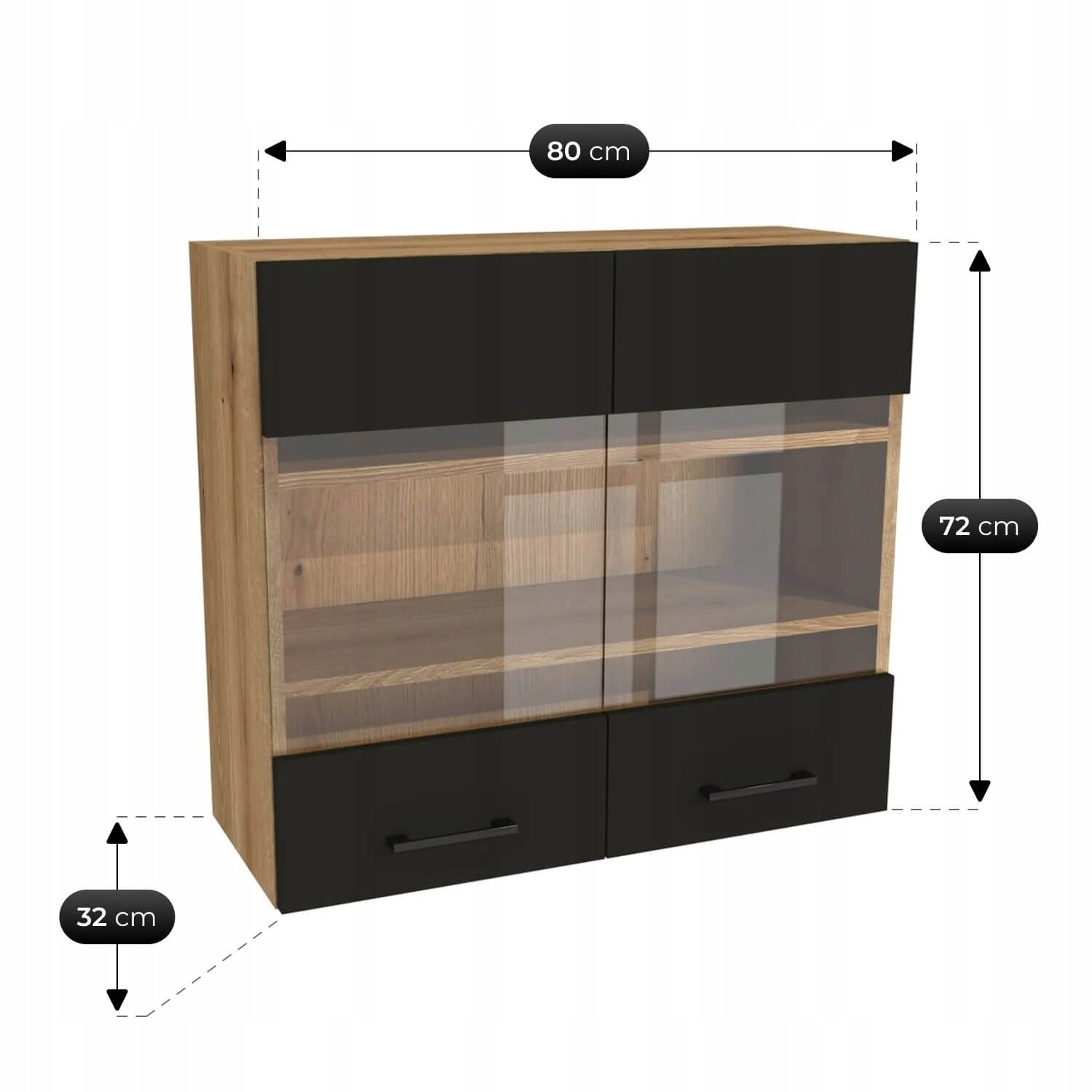 Obraz przedstawia czarną, modułową szafkę kuchenną z drewnianymi elementami, o wymiarach 80 cm szerokości, 72 cm wysokości i 32 cm głębokości. Szafka ma przeszklone drzwi i dwie dolne szuflady z uchwytami.