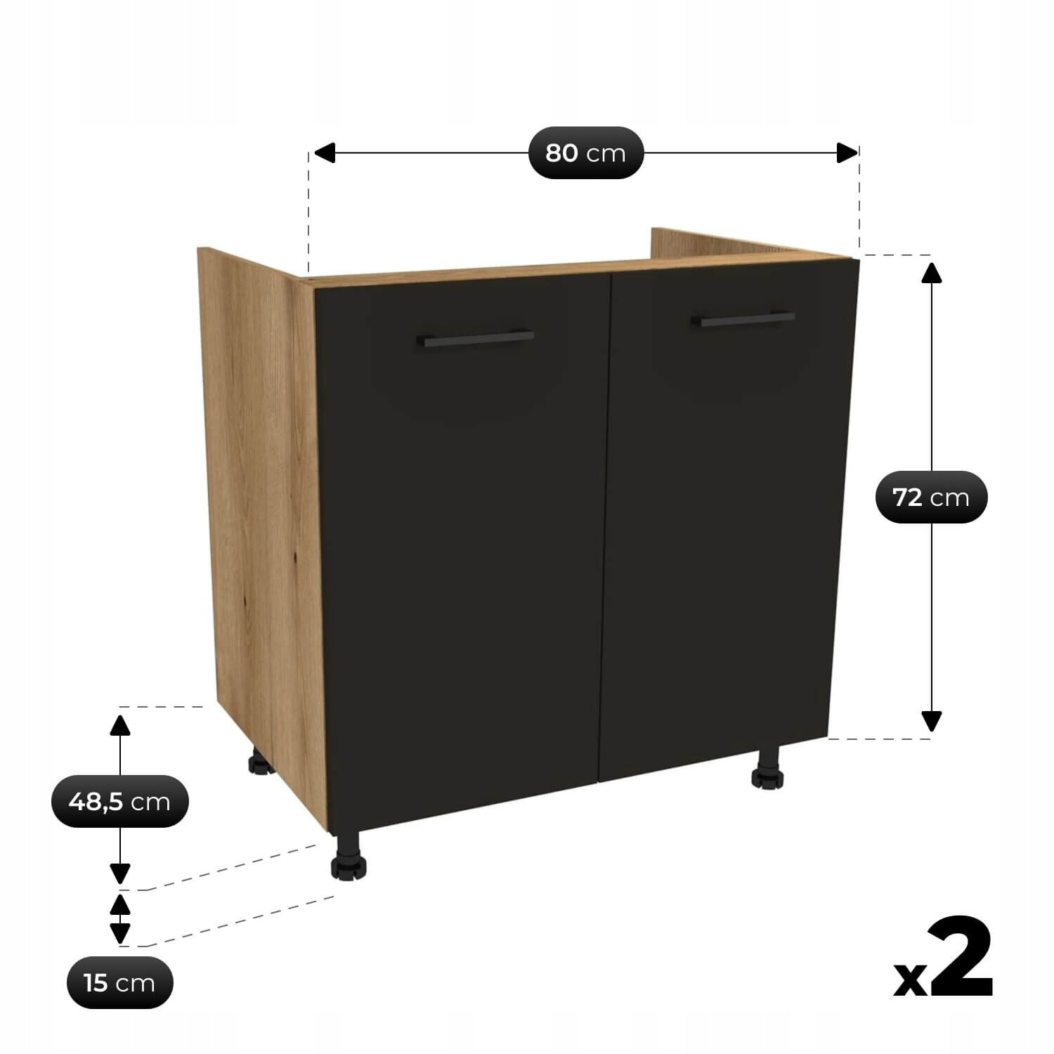 Obraz przedstawia czarną szafkę kuchenną z drewnianymi bokami, z dwoma drzwiami i uchwytami. Wymiary to 80 cm szerokości, 72 cm wysokości, 48,5 cm głębokości oraz 15 cm wysokości nóżek, a zestaw zawiera dwie takie szafki.